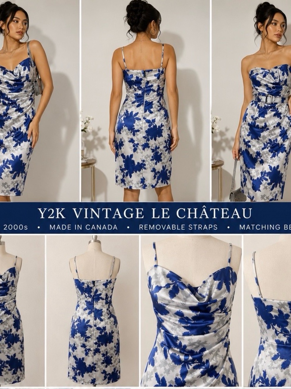 Vintage Y2K Le Chateau Blue & Silver Satin Cowl Neck Cocktail Dress
